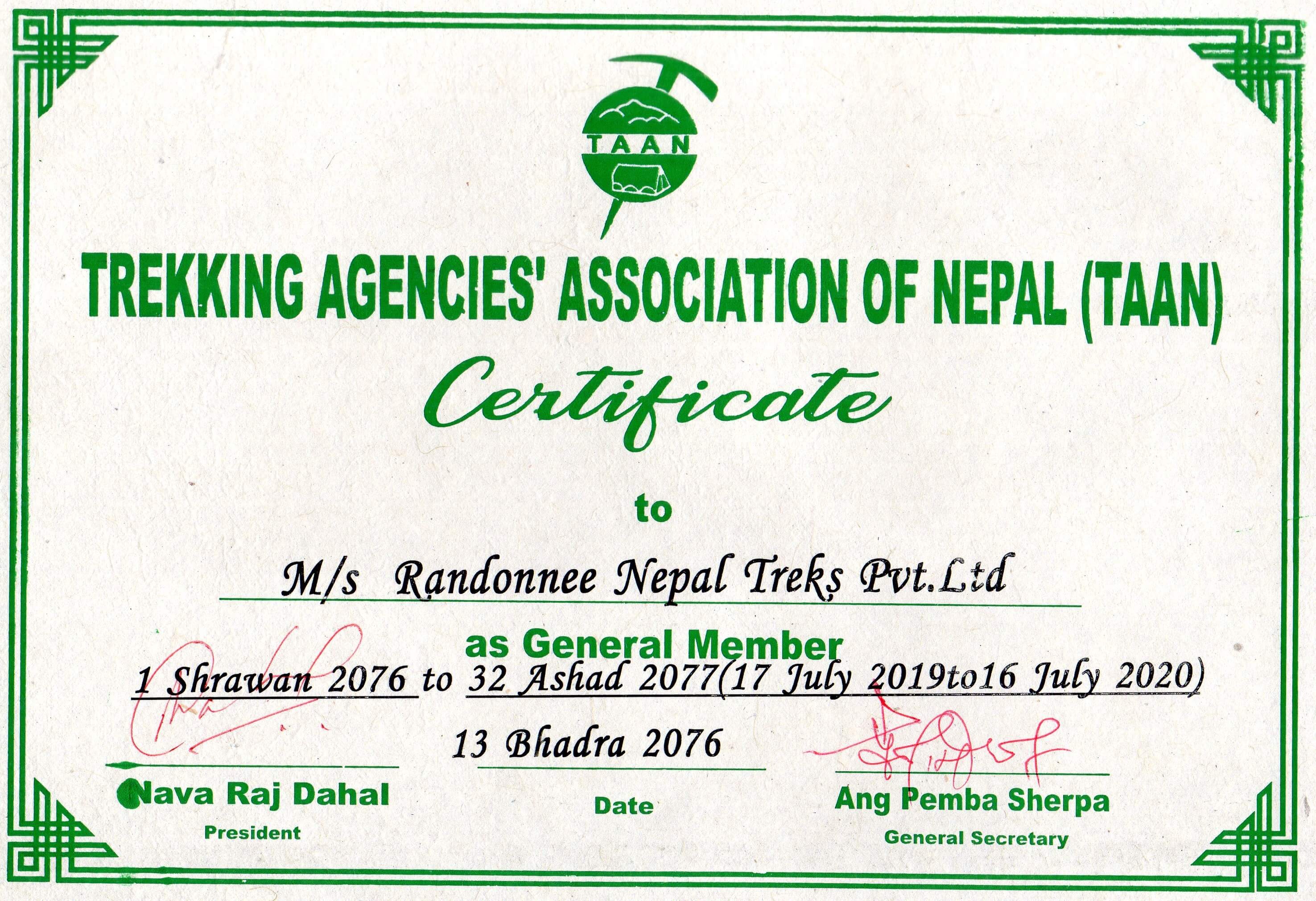 Membership Certificate of Trekking Agencies Association of Nepal